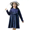 Grandes filles robe 2021 printemps enfants vêtements à manches longues coton robe à volants adolescents enfants bleu patchwork robe froncée âge 4-14 Q0716