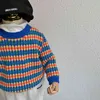 Sweter dla dzieci Jesień Chłopiec Kontrastujące Kolor Baby Striped Round Neck Sweter Baby Boy Ubrania 210515