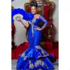 Abiti da sera africani blu royal di lusso Mermaid Plus Size Maniche lunghe Appliques Aso Ebi Prom Party Dress Sparkly Paillettes Appliques Abiti per occasioni speciali 2021
