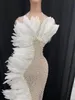 Women Singer Models Catwalk Dresses Red White Feather Pearl Crystals Transparent Mesh Halter Mermaid Long Dress Evening Party Prom Host Stage Performance Costume