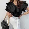 Korejpaa Frauen Hemd Sommer Koreanische Chic Temperament V-ausschnitt Rüschen Nähte Lose Beiläufige Einfarbig Ausgestellte Ärmel Blusen 210526