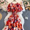 Singreiny Kobiety Francuski Drukuj Dress O Neck Krótki Rękaw A-Line Streetwear Dress Summer Elastyczna Ruched Beach Wakacje Długa Dress 210419