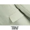 Traf女性のファッションオフィスの着用シングルボタンブレザーコートヴィンテージVネック長袖ポケット女性の上着シックトップス210415