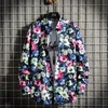 Men's Casual Shirts Flower Shirt Long Sleeve Korean Slim Trend Handsome Retro Floral Ice Silk