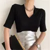 Schwarze dünne kurze Ärmel elastische stilvolle Basewear Büro Dame Streetwear Tops Femme Casual Prom Basic T-Shirts 210421