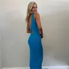 Sexy Col En V Sans Manches D'été Maxi Robes Pour Les Femmes Découpées Moulante Bleu Robe Longue Beach Party Prom Night Bohème Robe 210517
