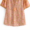Primavera mujer flor impresión Puff manga camisa estilo étnico Smock mujer Stand Collar blusa señora suelta Tops Blusas S8590 210430