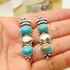 Boucles d'oreilles collier Vintage couleur argent Turquoises naturelles goutte longue boucle d'oreille ethnique cristal balancent pour les femmes Boho bijoux