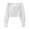 vintage puff sleeve white crop tops women sexy backless long button up blouse casual autumn winter 210427