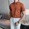 Été tricoté polos hommes couleur unie shorts manches polo hombre glace soie respirant décontracté slim fit affaires vêtements sociaux 210527