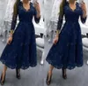 Navy Blue V Neck Modest Tea Length Plus Size Mother of the Bride Dress 3/4 Long Sleeves Wedding Party Gowns Lace Formal Guests