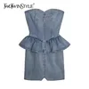 Vintage solide Denim robe pour femmes Slash cou sans manches taille haute Patchwork Mini robes femmes été élégant 210520