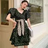 Jacquard Japanese Fashion Wrap Dress Puff Sleeve V Neck Black Short Spring Summer Women Ball Gown Lace Up 210427