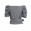 Kvinnor Vintage Pleat Puff Sleeve Plaid Print Bow Slips Sashes Blouse Ladies V Neck Shirts Leisure Chic Chicise Toppar LS6556 210420
