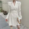 Autumn Women White Mini Long Sleeve Suit Sexy Lace Up Short Slim Black Blazer Dress 210415