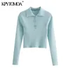 Women Fashion Cropped Knitted Fitted Sweater Lapel Collar Long Sleeve Female Pullovers Chic Tops 210420