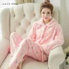 Temmuz Şarkı Kış Pijama Set Kadın Pijama Sıcak Flanel Uzun Kollu Pijama Pembe Sevimli Hayvan Homewear Kalın Ev Suit 210713