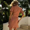 Foridol Polka DotPrint Boho Beach Dress Women Button Casual Mini Summer Sun Dress Sundress Puff Sleeve Slit Dresses 210415