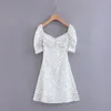 Fashion mini vintage dress female summer lady lace-up puff sleeve waist thin floral short print Dress for womens 210508