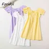 Foridol Puff Sleeve Vintage Summer Beach Dress Casual Button Up Yellow Holiday Short Mini Dress Yellow Cotton Cute Dress 210415