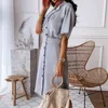 Fashion Midi Dress with belt women summer Casual solid color short-sleeved V-neck button shirt dress vestidos de fiesta 210514