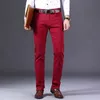 Mens Jeans Spring and Summer Wine Red Fashion Casual Boutique Business Straight Denim Stretch Trousers Brand Pants