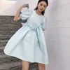 Ins Summer Blue Puff Sleeve O-Neck Mini Dress Women Korean Sweet Robes Ball Gown Fairy Party Streetwear Clothes 210514
