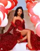 Sexy rouge paillettes sirène Aso Ebi robes de soirée sans bretelles côté fendu à lacets dos longue femmes grande taille robes de soirée de bal 322