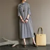 Johnature Women Stand Plaid Dress Button Summer Cotton Linen Vintage Cheongsam Women Cloth Button Shirt Abiti 210521