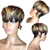 Short Straight Bob Pixie Cut None Lace Front Human Hair Black /Ombre Blonde Brown Wig With Bangs For Women