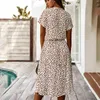 Сексуальное леопардовое печать летнее платье женщины V-образным вырезом шорты рукава повседневные женские MIDI платье A-Line Bohemian дамы пляжное платье 210514