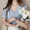 Pleated Short Sleeve Summer Chiffon Shirt Top Loose Women Shirts Blouses V-neck Office Casual White Blouse Femme Blusas12969 210508