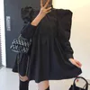 Shengpllae Chic Minimalist Elbise kadın Bahar Yuvarlak Boyun Gevşek Büyük Salıncak Uzun Kabarcık Kol Mini Fenale Elbiseler 5B334 210427