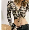 Frauen Mode Mit Kordelzug Animal Print Gestellte Blusen Vintage V-ausschnitt Langarm Weibliche Shirts Chic Tops 210507