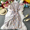 Floral Chiffon Vestidos Bandage High Waist Summer Dresses Women V Neck Sexy Fashion Midi Dress Korean 16651 210415