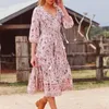 Boho Летние осень длинные женщины V шеи Sash цветочные принты Maxi Beach Pink Button Button Vestidos 210415