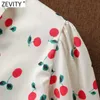 Zevity Women Sweet Cherry Print Casual Smock Blouse Office Ladies Pleat Puff Sleeve Spännskjorta Chic Blusas Tops LS9144 210603