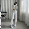 Koreanska mode vita jeans för kvinnor hög midja långa streetwear byxor rakt ben byxor denim damer baggy femme svart 210629