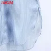 Women Blue Striped Shirts Long Sleeve Turn Down Collar Elegant Female Casual Wear Blouses 6Z71 210416