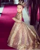 Gold Sequin Toddler Ball Gowns Girls Pageant Dresses Jewel Long Sleeves Formal Kids Party Gown Flower Girl Dresses for Weddings