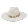 9.5CM Big Brim Women Men Solid Color Peach Heart Top Faux Wool Felt Jazz Fedora Hats with Chain Panama Party Wedding Formal Hat