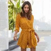 Half Sleeve Polka Dot Yellow Rompers Overaller för Women Wide Leg Casual Sash Beach Boho Summer Playsuits Kort Jumpsuit 210427