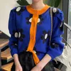 Korobov koreanska vintage o neck puff muffe kvinnor cardigans höst new chic blommönster träff färg patchwork super mujer 210430