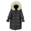 Fashion Horn Button Winter White Duck Down Jacket Women Solid Casual Long Hooded Fur Collar Coat 210520