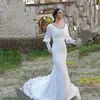하얀 해변 인어 롱 슬리브 신부 드레스 새틴 스윕 기차 드레스 Vestido de Novia 레이스 웨딩 드레스