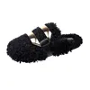 Cheaper Newly autumn winter womens slippers metal chain all inclusive wool slipper for women black white outer wear plus big szie Muller half drag shoes