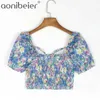 Floral Print Girls Casual Holiday Crop Top Summer Tie Front Shirred Back Sweetheart Blouses Puff Sleeve Slim Women 210604