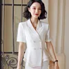 High-End Professional Blazer Women Summer Formal Short Sleeve Hem Ruffle Slim Jacket Office Ladies Work Clothes 210604