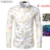 White Shirt Men Shiny Bronzing Floral Mens Shirts Casual Slim Fit Mens Party Shirts Wedding Men Dress Shirt Long Sleeve Chemise 210524