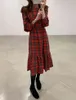 Wiosna Jesienna Kobiety Vintage Długa Plaid Sukienka z pasem Pełny Rękaw O-Neck Tunika Eleganckie Mid-Calf Party Sukienki Robe Femme 210513